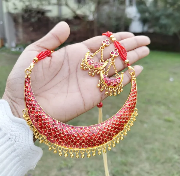 Assamese_Traditional_Gold_Plated_Red_Colour_Joonbiri_Tassel_Jewellery_Set_For_Women